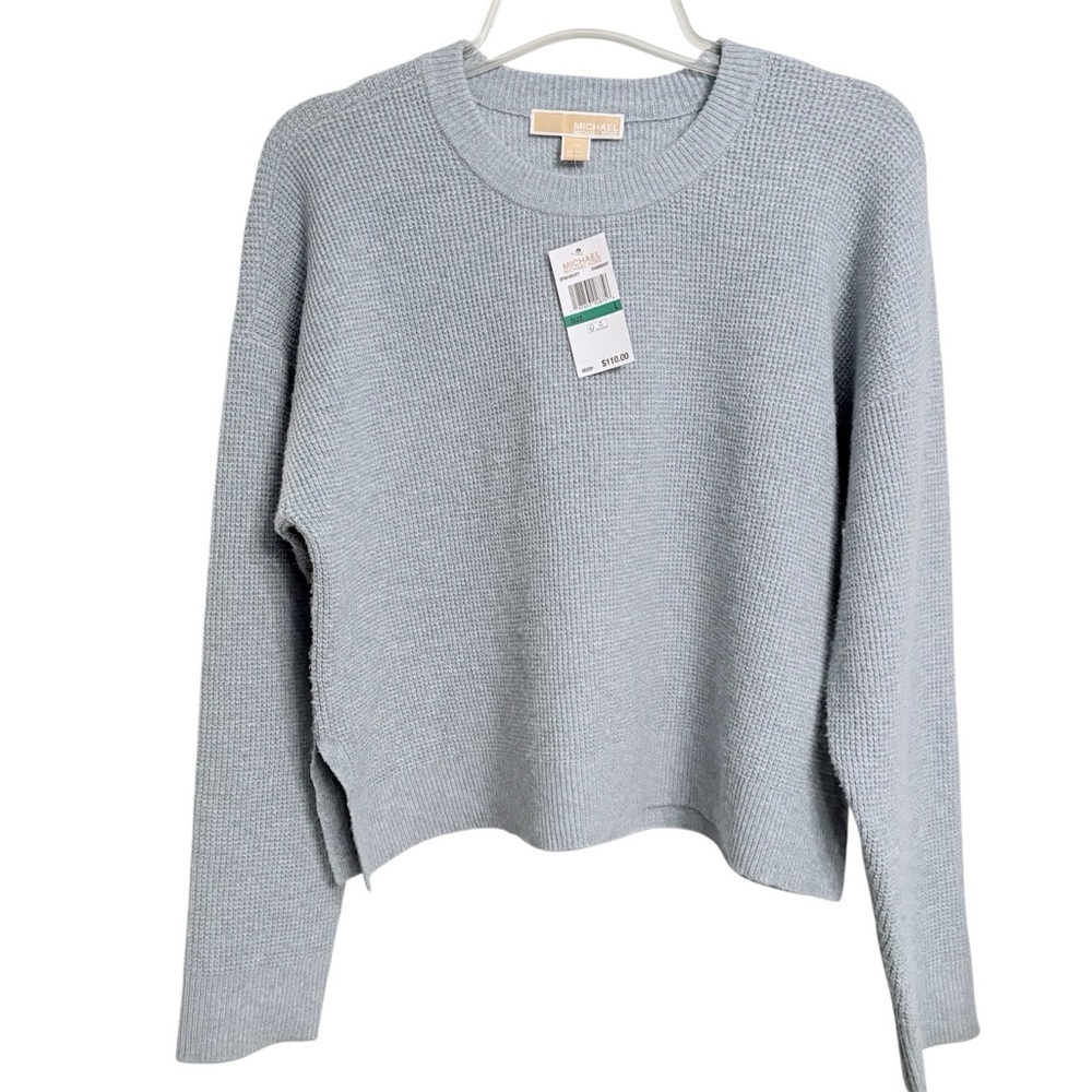 MICHAEL Michael Kors Chambray Waffle-Knit Cropped Sweater Large NWT - Picture 2 of 8